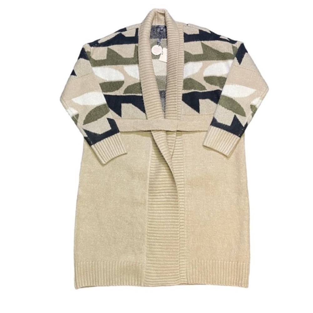 NYDJ Fair Isle Cardigan Coat Sweater Size Medium Tan Green Black New